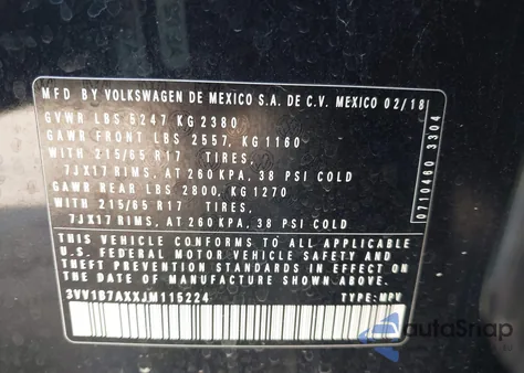 2018 Volkswagen Tiguan 2.0T S z USA, uszkodzony, nr VIN 3VV1B7AXXJM115224